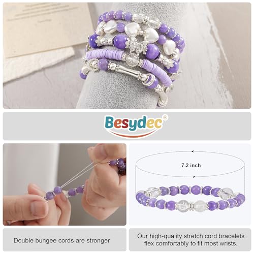 Besydec Stackable Boho Beaded Bracelets With Natural Stone & Pearl Heart & Clay Beads for Women,Adjustable Silver Jewelry - color: Purple