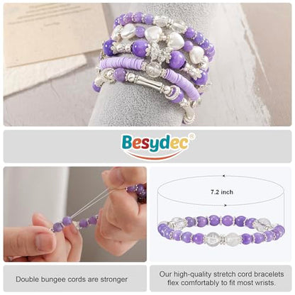 Besydec Stackable Boho Beaded Bracelets With Natural Stone & Pearl Heart & Clay Beads for Women,Adjustable Silver Jewelry - color: Purple