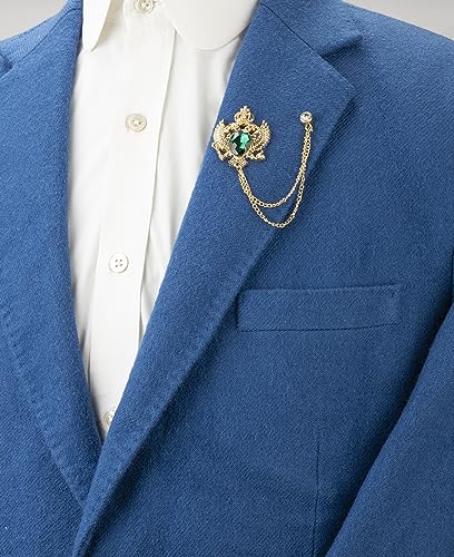 Knighthood Emerald Green Crystal Vintage Double Eagle Golden Tassel Chain Brooch, Suit Stud, Shirt Studs, Lapel Pin Accessories for Men Women