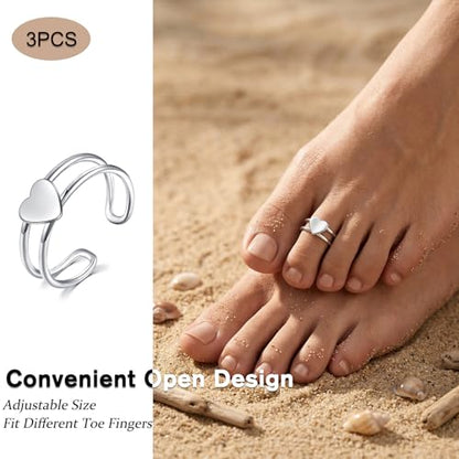 JFORYOU Toe Rings for Women Adjustable Open Toe Rings with Anklet Set CZ Flower Toes Ring for Summer Beach Foot Jewelry - color: 3pcs-silver toe rings Style A
