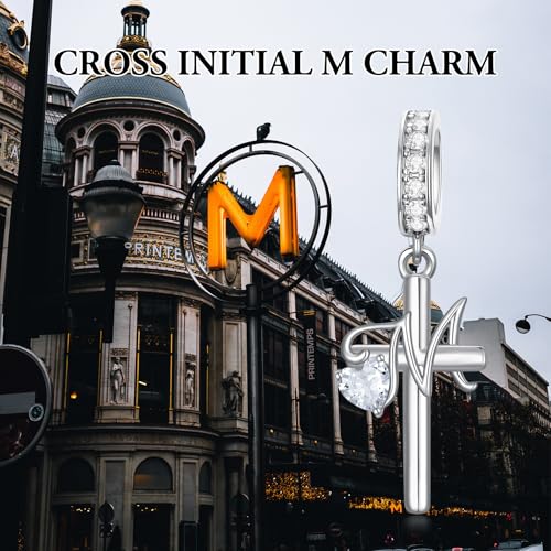PROESS Initial Cross Charm 925 Sterling Silver Letter A B C Pendant Dangle Charm Beads for Bracelet Initial Cross Jewelry Gifts for Women - style: 13-M