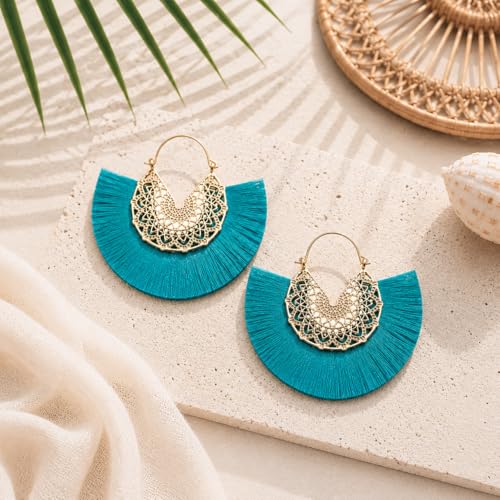 Tassel Hoop Earring Statement Thread Dangle Earrings Stylish Long Fringe Drop Earrings Lightweight Long Swingy French Hook Earrings for Women - color: A Dark Blue