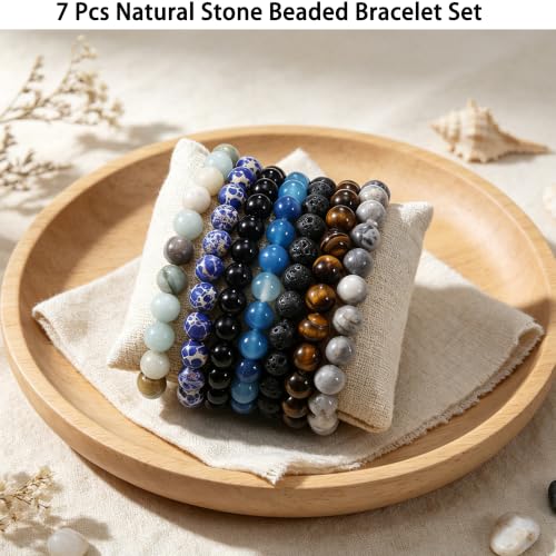 COLOYAN 7 Pcs 8mm Natural Stone Beaded Healing Crystal Bracelets for Women | Durable Handmade Stretch Bracelets, Multiple Styles,Semi-Precious Gemstones Reiki Spiritual Jewelry Gift Meditation Yoga - color: A