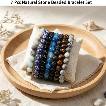 COLOYAN 7 Pcs 8mm Natural Stone Beaded Healing Crystal Bracelets for Women | Durable Handmade Stretch Bracelets, Multiple Styles,Semi-Precious Gemstones Reiki Spiritual Jewelry Gift Meditation Yoga - color: A
