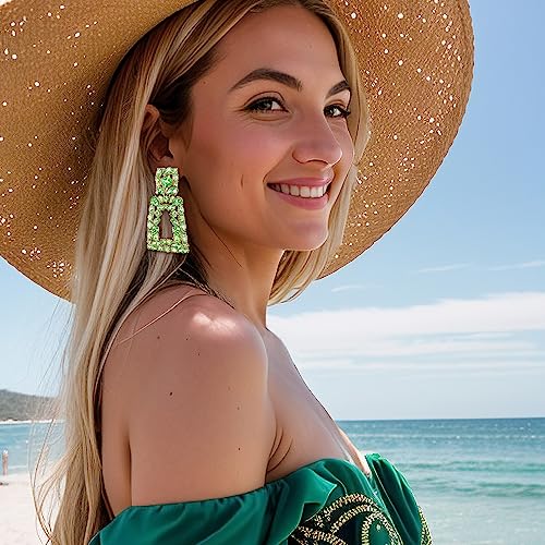 Flyonce Rectangle Clip-on Drop Earrings for Women, Sparkly Rhinestone Crystal Geometric Statement Non Pierced Earring Wedding Prom Party Jewelry for Brides Bridesmaid - color: Light Green