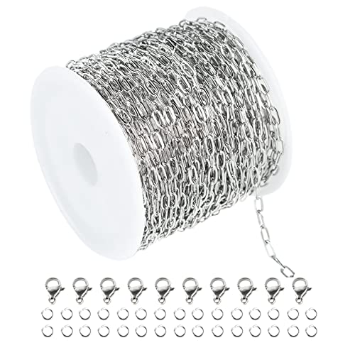 UMAOKANG 10 Meters Silver Steel Small Paper Clip Link Chain with 30 Open Jump Rings 10 Lobster Clasps Bulk for Necklace Choker Jewelry Making - color: Steel Small Paperclip