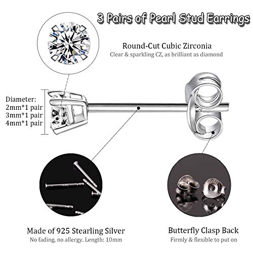 EPIRORA Sterling Silver Stud Earrings for Women- 3 Pairs Tiny Ball Stud Earrings Round CZ Cubic Zirconia Earrings Pearl Earrings Set Cartilage Small Tragus Earrings(2mm,3mm,4mm) - style: CZ earrings(2mm,3mm,4mm)