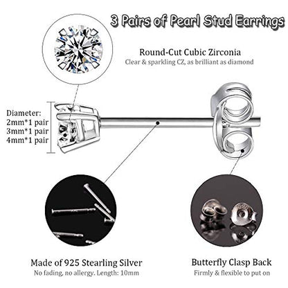 EPIRORA Sterling Silver Stud Earrings for Women- 3 Pairs Tiny Ball Stud Earrings Round CZ Cubic Zirconia Earrings Pearl Earrings Set Cartilage Small Tragus Earrings(2mm,3mm,4mm) - style: CZ earrings(2mm,3mm,4mm)
