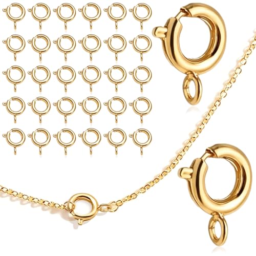stino 100Pcs Small Spring Round Jewelry Clasps (14K Gold Plated) | Brass, High Polished, Necklaces & Bracelets Findings - color: 14K Gold Plated