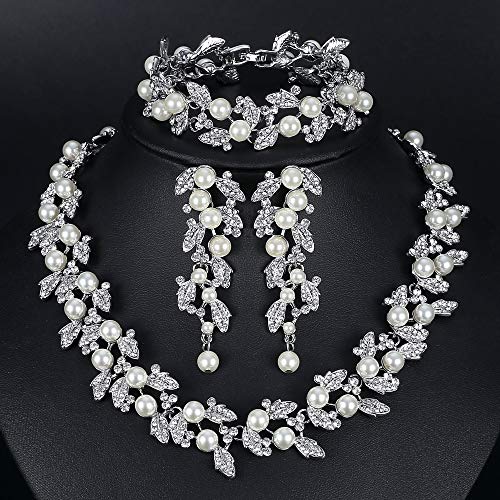 Simulated Pearl Leave Floral Bridal Jewelry Sets, Crystal Wedding Necklace Earrings Bracelet Sets Jewelry Engagement Gift - color: B-Clear