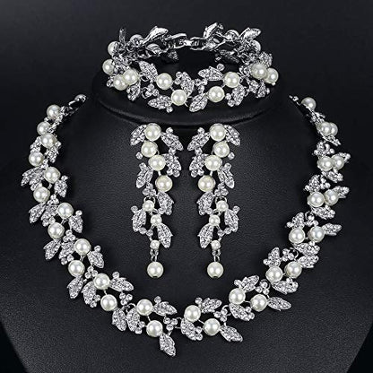 Simulated Pearl Leave Floral Bridal Jewelry Sets, Crystal Wedding Necklace Earrings Bracelet Sets Jewelry Engagement Gift - color: B-Clear