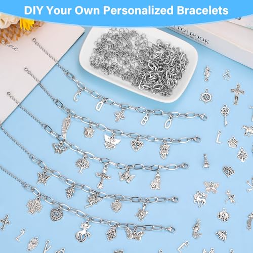 384 Pieces Silver Charm Bracelet Making Kit, Including Paperclip Chain Bracelets, Cross Charms, Jump Rings for DIY Bracelet Making