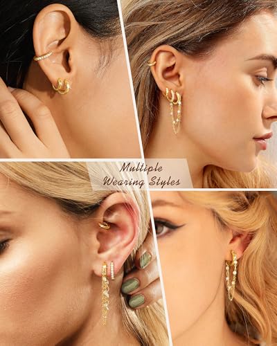 Tassel Chain Small Gold Hoop Dangle Earring For Women Huggie Earring Heart Star CZ 14K Gold Plated Fashion Jewelry Graduation Gift for Her Mothers Day Gifts for Mom - color: Gold-4 Pairs A