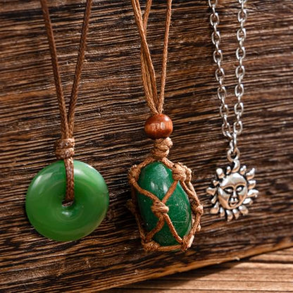 Crystal Holder Necklace for Women Natural Gemstone Crystal Pendant Necklace Handmade Boho Sun Necklace Summer Beach Jewelry Accessories - color: Green
