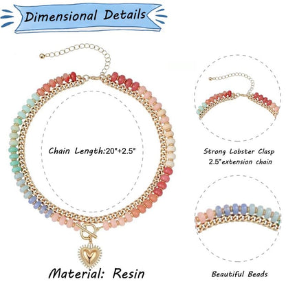 Layered Beaded Necklace for Women, Colorful Acrylic Rainbow Beads | Adjustable Chain & Heart Pendant, Lightweight Bead Necklace for Women, Waterproof Resin, Summer Handmade Jewelry Gift