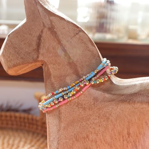 Colorful Seed Beaded Stack Bracelets Set for Women, 4Pcs Cute Dainty Boho Handmade Gold Beads Stackable Stretch Friendship Bracelet Prom Jewelry Gift.