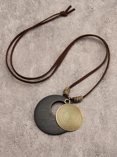 GelConnie Leather Necklace for Women Round Wooden Pendant Long Leather Choker Vintage Sweater Necklace Gold Chunky Boho Necklaces for Women - style: Black Wooden Necklae