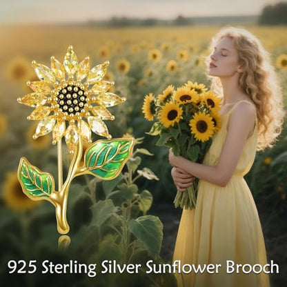 Sunflower Brooch with Natural Citrine for Women, 18k Gold Plated 925 Sterling Silver Sunflower Pins for Clothes, Yellow Sunshine Flower Brooches Jewelry - style: Style 1