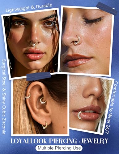 8PCS 16G Septum Clicker Ring Stainless Steel CZ Opal Cartilage Helix Tragus Hoop Daith Earrings Nose Rings Hoop Hinged Segment Clicker Ring Piercing Jewelry - color: gold tone 8mm