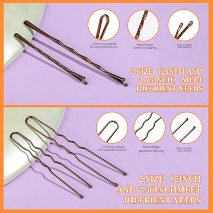Teenitor 300pcs Bobby Pins Hair Pins Kit, 100 Hair Pin for Women 100 Bobby Pins Brown and 100 Hair Bands, Hair Pins for Buns 2inch 2.36inch 2.75inch - color: Brown
