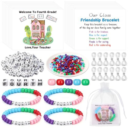 Tondiamo 24 Sets 4th Grade Back to School Gifts Friendship Bracelet Making Kit for Students Include Our Class is a Family Greeting Cards Beads Strings Bags DIY Kit for First Day of School Classroom - style: 4th Grade