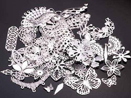 100g Silver Color Plating Filigree Connectors Charms Pendants Findings Iron Metal Embellishments for DIY Hairpin Headwear Earring Jewelry Making, Nickel Free (Silver) - color: Silver