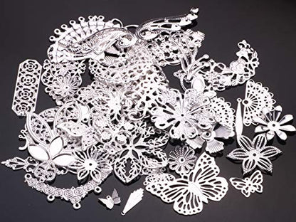 100g Silver Color Plating Filigree Connectors Charms Pendants Findings Iron Metal Embellishments for DIY Hairpin Headwear Earring Jewelry Making, Nickel Free (Silver) - color: Silver