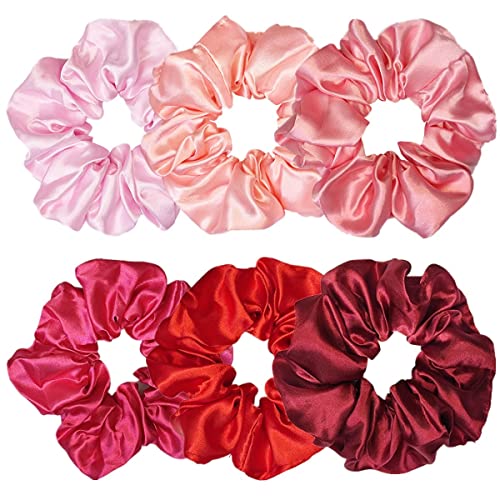 Sufermoe 6 Pcs Satin Silk Hair Scrunchies, Soft Hair Ties for Women and Girls, 4.5 Inch Hair Bands and Accessories in Assorted Red and Pink - color: Assorted Red and Pink