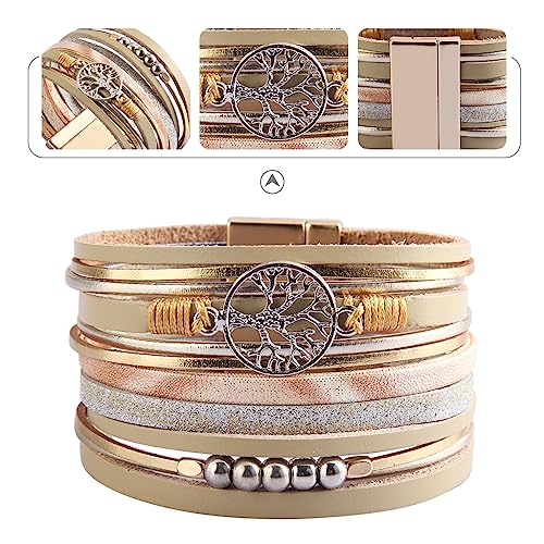 GelConnie Leather Wrap Bracelet Boho Cuff Bracelets Crystal Leather Bracelet Magnetic Multi Strand Bracelets Bohemian Bracelet Leather Wristbands Bangle Jewelry for Women Teen Wife Mother - color: Tree of Life Leather Bracelet