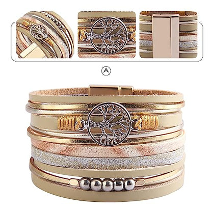GelConnie Leather Wrap Bracelet Boho Cuff Bracelets Crystal Leather Bracelet Magnetic Multi Strand Bracelets Bohemian Bracelet Leather Wristbands Bangle Jewelry for Women Teen Wife Mother - color: Tree of Life Leather Bracelet