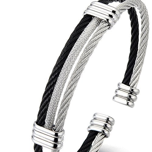 COOLSTEELANDBEYOND Men Women Stainless Steel Twisted Cable Adjustable Cuff Bangle Bracelet - color: F-Metal Color: Silver & Black