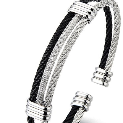 COOLSTEELANDBEYOND Men Women Stainless Steel Twisted Cable Adjustable Cuff Bangle Bracelet - color: F-Metal Color: Silver & Black