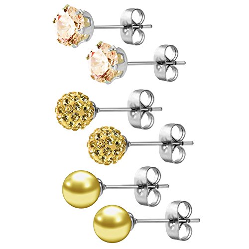 JewelrieShop Birthstone Studs Earring Set Cubic Zirconia Rhinestones Crystal Ball Faux Pearl Stainless Steel Stud Earrings for Women Jewelry Gift (6mm Round,3 Pairs) - color: 6) June. - Champagne