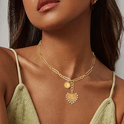 Chunky Gold Necklace for Women, 18K Waterproof Heart Necklace Statement Necklace Gold Charm Necklace Chunky Jewelry Paperclip Chain Choker Gift for Women - style: Gold Sun Heart