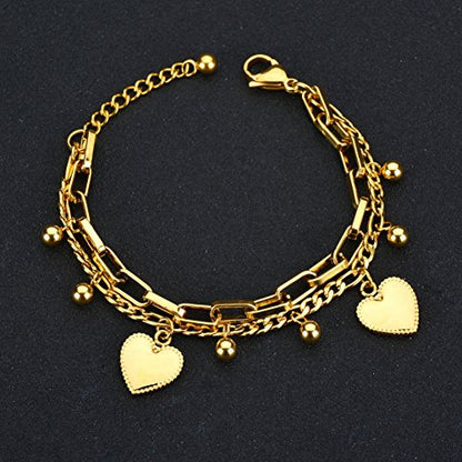 LUREME 18K Gold Stainless Steel Multi Chains Bracelet with Ball and Heart Charms for Women
