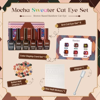 Beetles Mocha Sweater Cat Eye Gel Nail Polish Set, 6 Colors 9ml Fall Gel | Brown-Based Iridescent Cat Eye Gel Kit Magnetic Effect, Button Charms & Star Stickers & Magnet, Soak Off UV Salon at Home - color: A - Brown-Based Cat Eye | Mocha Sweater