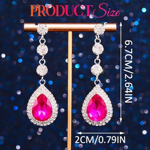 Catery Rhinestone Earrings Silver Crystal Teardrop Earrings Long Wedding Jewelry for Women - color: Hot-Pink