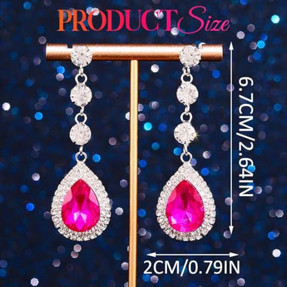 Catery Rhinestone Earrings Silver Crystal Teardrop Earrings Long Wedding Jewelry for Women - color: Hot-Pink