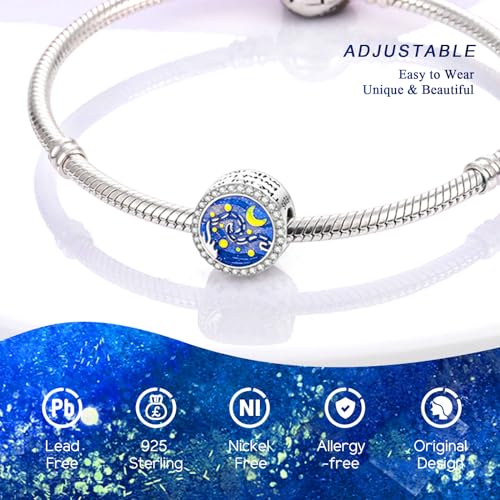 925 Sterling Silver Charms Bead for Bracelets Necklaces, Star Moon Crescent Sun Solar Pendent, Blue Ocean Starfish Shells Turtle Crab Starry Sea Cute Jewelry Birthday Gifts for Women Men - style: Starry Night