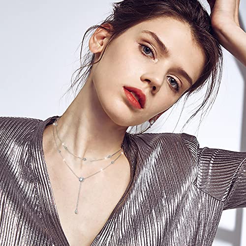 FLYOW Layered Necklace S925 Sterling Silver Y Shaped Jewelry - style: One Round CZ Style