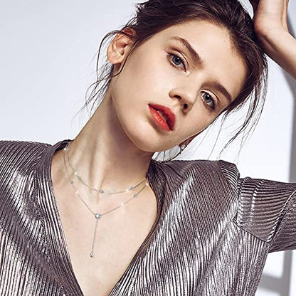 FLYOW Layered Necklace S925 Sterling Silver Y Shaped Jewelry - style: One Round CZ Style