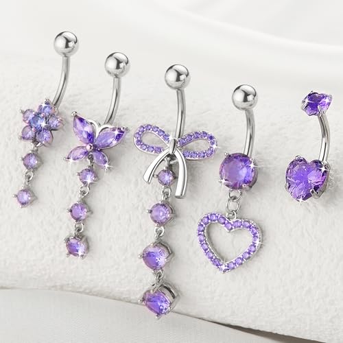 BSJ4U Belly Button Ring Dangle Navel Belly Piercing Jewelry Cute Pink CZ Heart Butterfly Bow Flower Navel Belly Rings for Women 14G Silver Stainless Steel Dainty Dangly Dangling Belly Button Piercing - color: Purple CZ Belly Button Rings
