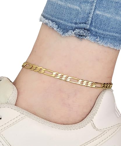 Gold Electroplated Anklet, Made in Korea - style: Concave Figaro Chain