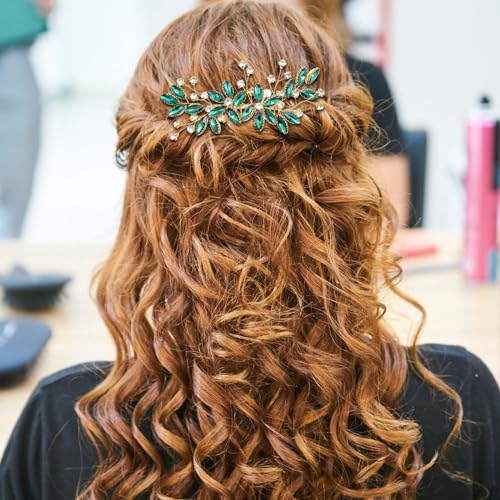 Green Crystal Bride Wedding Hair Side Comb Green Leaf Rhinestone Gold Hair Vine Rhinestone Bride Headpiece Jewelry Wedding Hair Accessories for Women