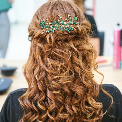 Green Crystal Bride Wedding Hair Side Comb Green Leaf Rhinestone Gold Hair Vine Rhinestone Bride Headpiece Jewelry Wedding Hair Accessories for Women