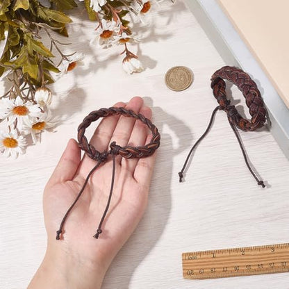2PCS Braided Genuine Leather Punk Cuff Bracelets Adjustable Rustic Cowhide Wrap Wristband Woven Rope Wrist Band Bracelet for Men Women Daily Wear Costume Party Gift(Dark Brown) - color: Coconut Brown