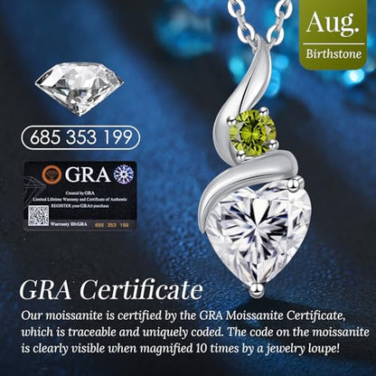 ANDSO Heart Moissanite Necklaces Birthday Jewelry Gifts for Women | S925 Silver /Gold Plating Birthstone Necklace, Ideal Anniversary Christmas Valentine Present for Mom Wife Her Girlfriend - style: Silver-2 Carat-Peridot Green