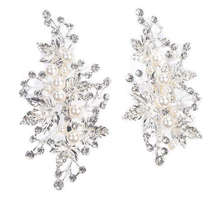 Rhinestone Pearl Alligator Bridal Hair Clips, Set of 2, Silver | For Wedding Prom, Leaf Design, Jewelry Headpiece for Women - color: Silver