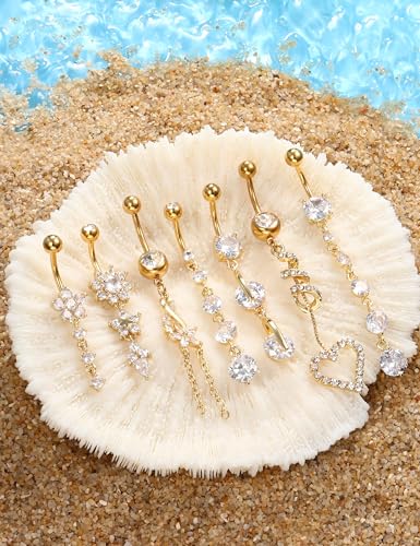 LOLIAS 7 Pcs Surgical Steel Dangle Belly Button Ring Piercing for Women | Hypoallergenic Long Belly Rings Gold Silver 14G Navel Button Piercing CZ Flower Heart Curved Navel Piercing Jewelry - color: C:Gold-tone
