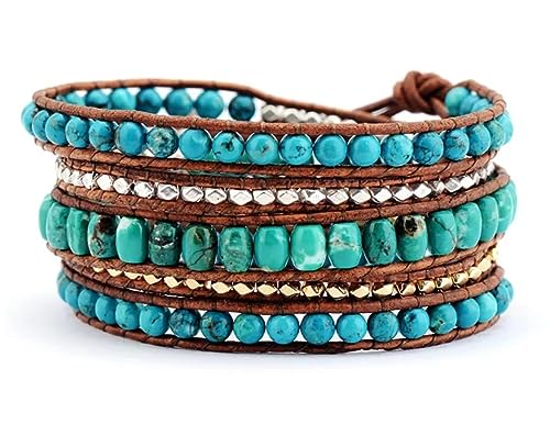 Boho Wrap Bead Bracelet for Women - Handmade Adjustable Natural Stone Beaded Bracelets Yoga Healing Bracelet Bangle Hippie Jewelry - color: Turquoise #2